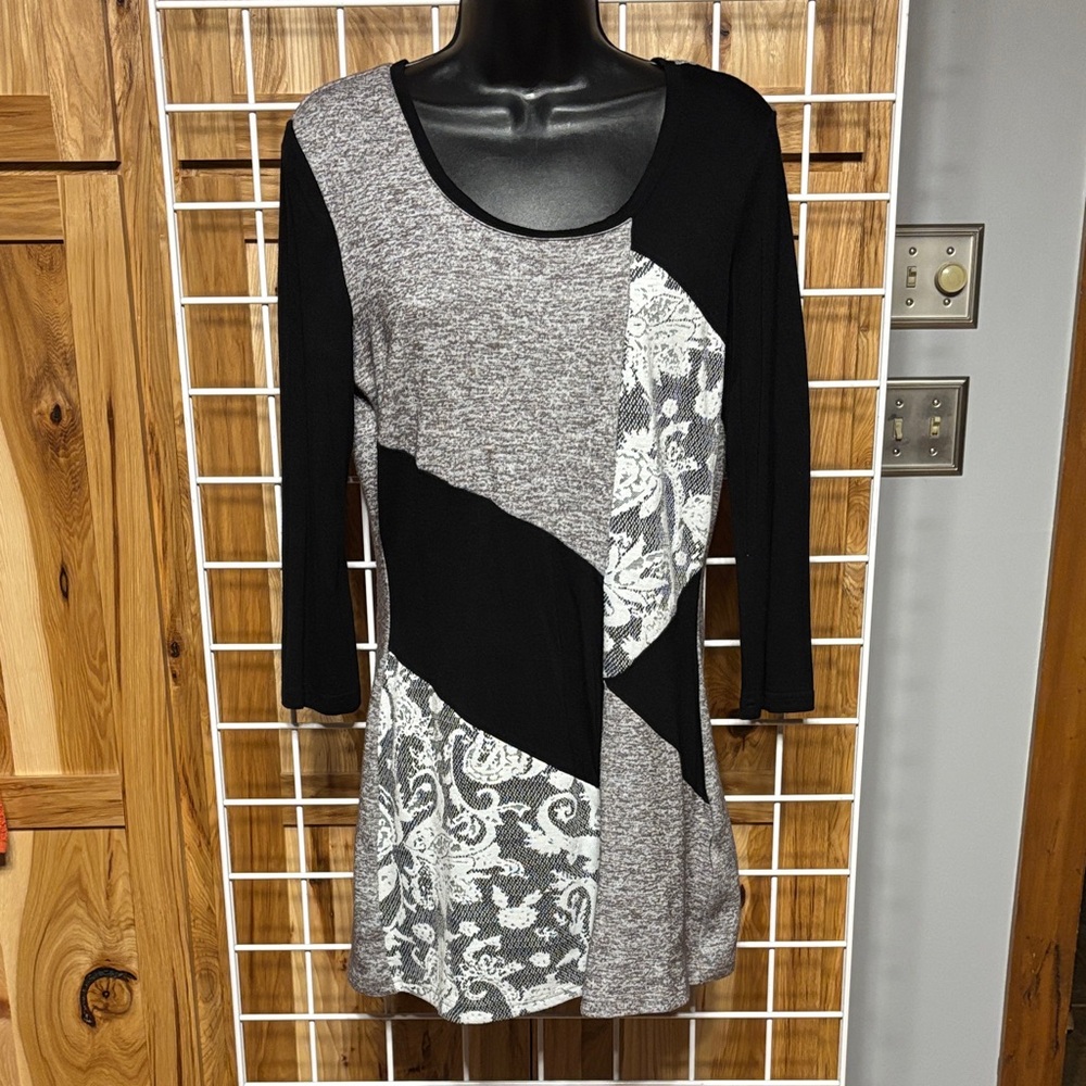 Mango Black and Gray Tunic with White Floral Design